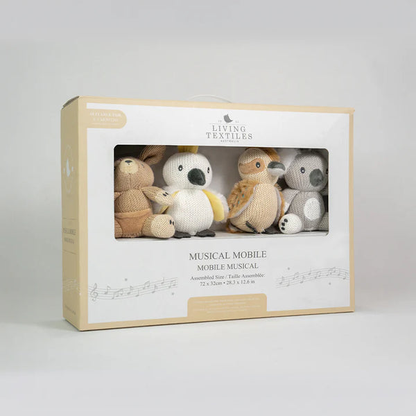 Musical mobile toy set in a Living Textiles box on a light gray background