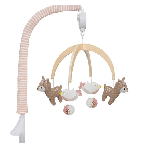 Baby mobile with deer and bird designs on a white background