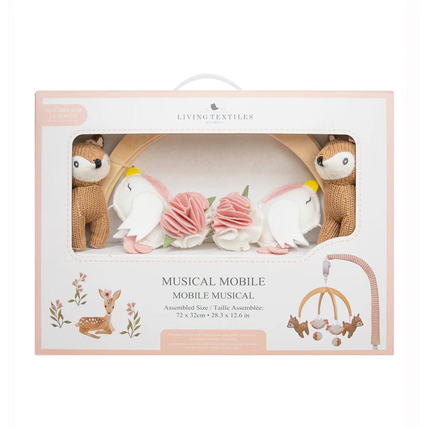 Living Textiles musical mobile packaging with toy animals and flowers.