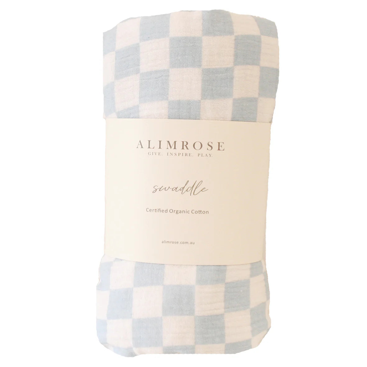 Checkered blanket with 'Alimrose' branding on a white background