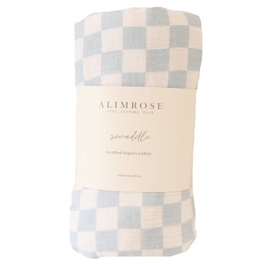 Checkered blanket with 'Alimrose' branding on a white background