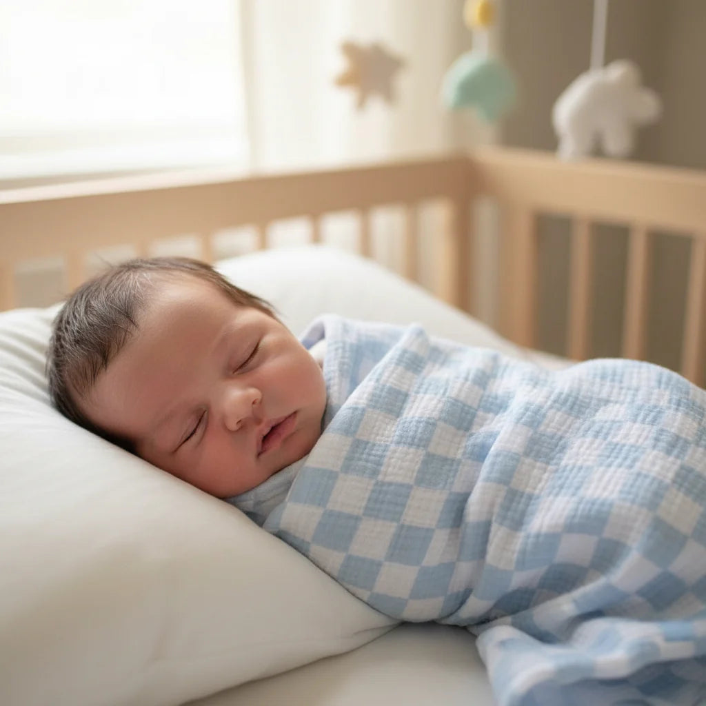 Newborn baby sleeping in a crib with a blue and white checkered blanket
