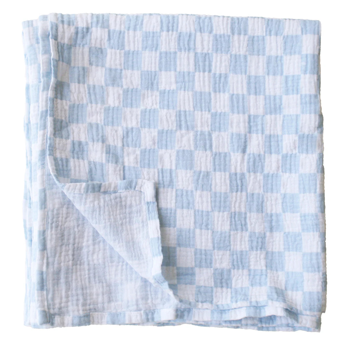Blue and white checkered blanket on a white background