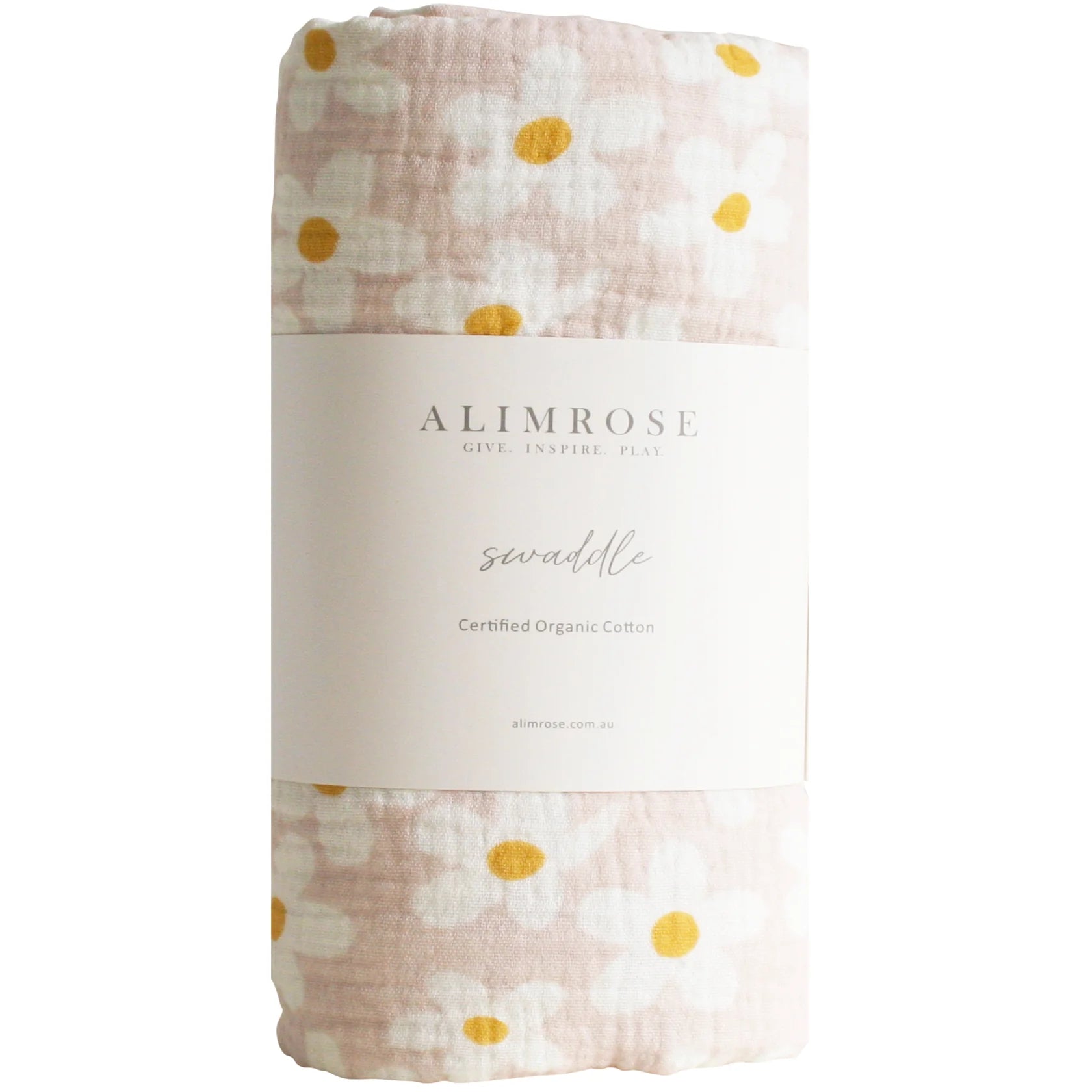 Floral-patterned swaddle blanket with 'Alimrose' branding on a white background