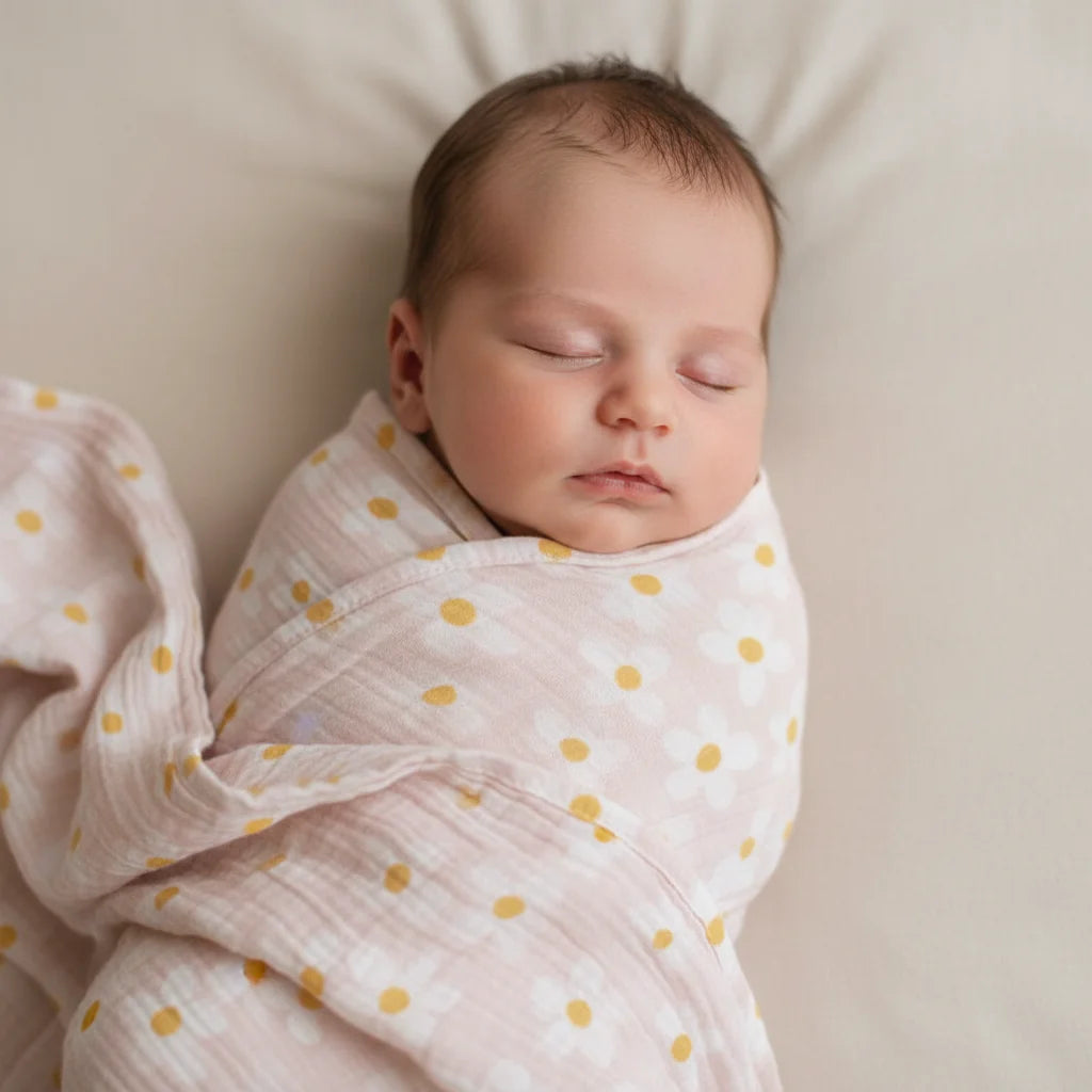 Newborn baby swaddled in a pink blanket with yellow polka dots on a soft beige background
