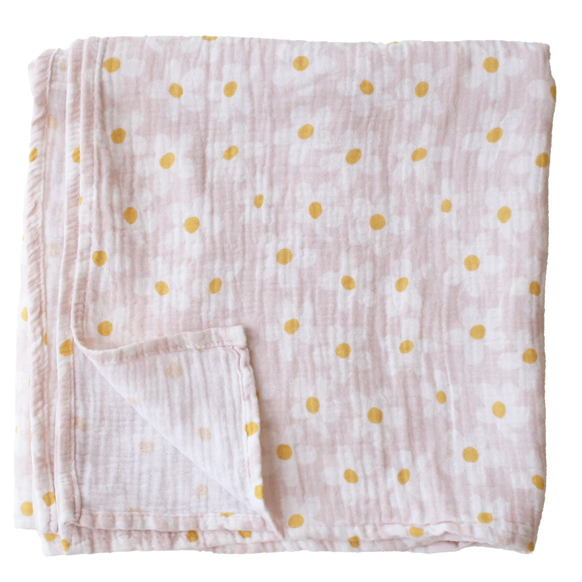 Folded muslin blanket with yellow polka dots on a white background