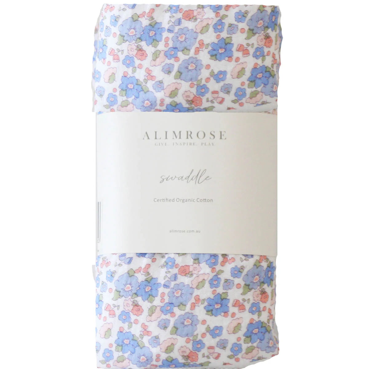 Floral-patterned swaddle blanket with 'Alimrose' branding on a white background