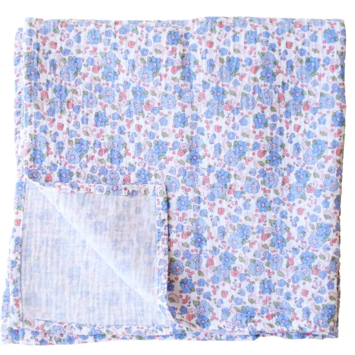 Floral patterned blanket with blue, pink, and green colors on a white background