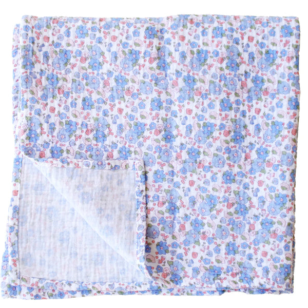 Floral patterned blanket with blue, pink, and green colors on a white background
