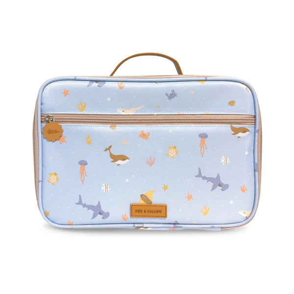 Light blue lunch bag with ocean-themed design on a white background