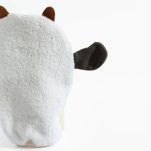 Plush toy with a white body, brown ears, and black nose on a white background