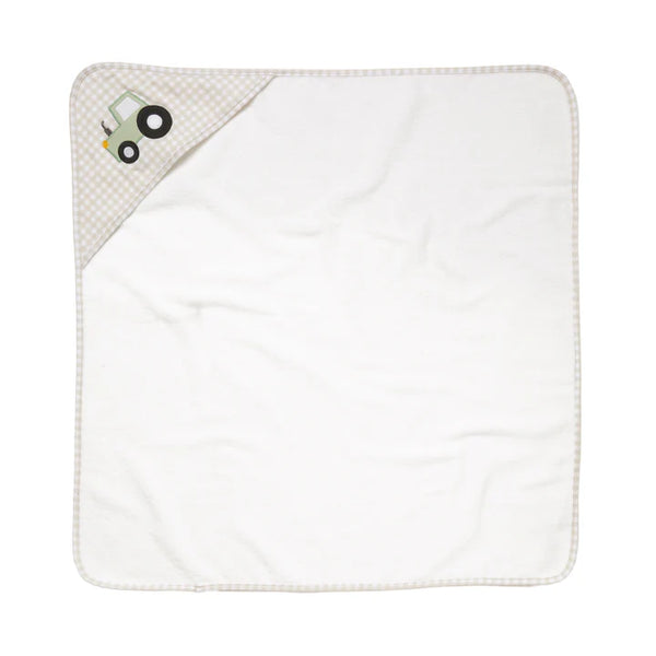 White baby blanket with a textured corner and cartoon character on a white background