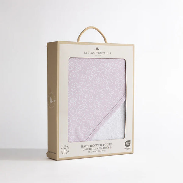Baby hooded towel in a Living Textiles packaging box on a white background