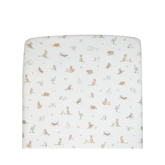 Fitted crib sheet with animal pattern on a white background