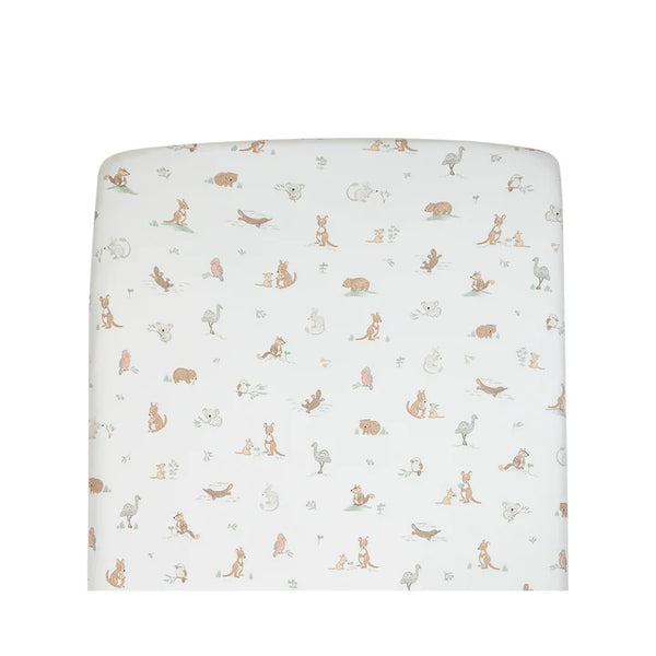 Fitted crib sheet with animal pattern on a white background