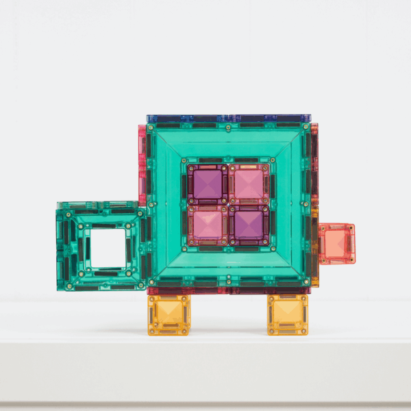 Colorful geometric block structure on a white background