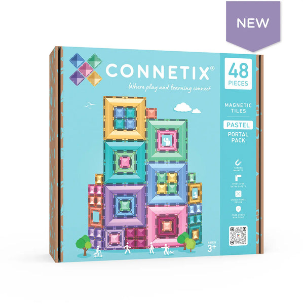 Connetix magnetic tiles packaging with colorful tiles on a blue background. Pastel Portal Pack 48 pc