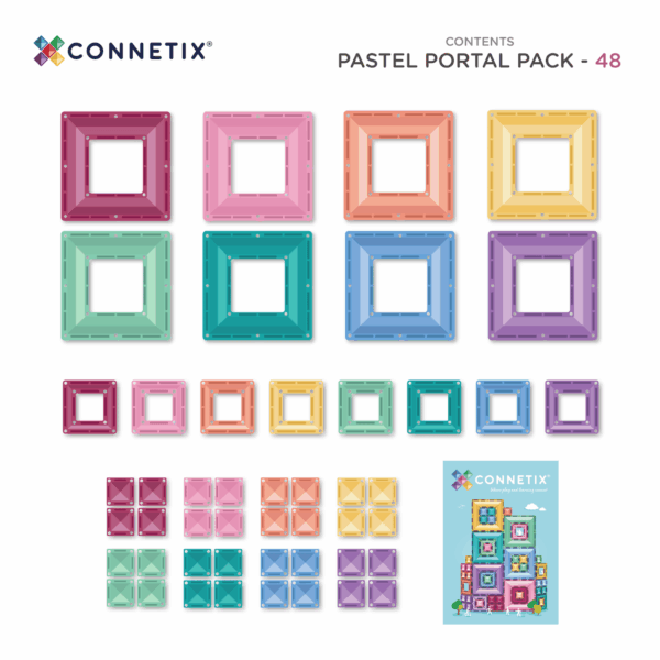 Pastel colored square connectors with Connetix branding on a white background