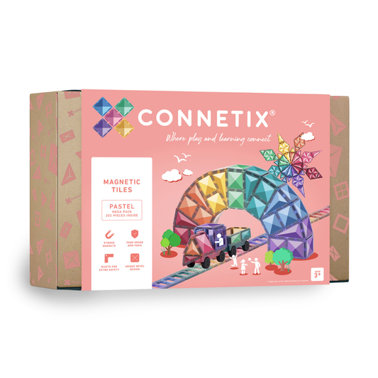 Connetix magnetic tiles packaging with colorful design on a white background. Connetix - 202 piece Pastel Mega Pack