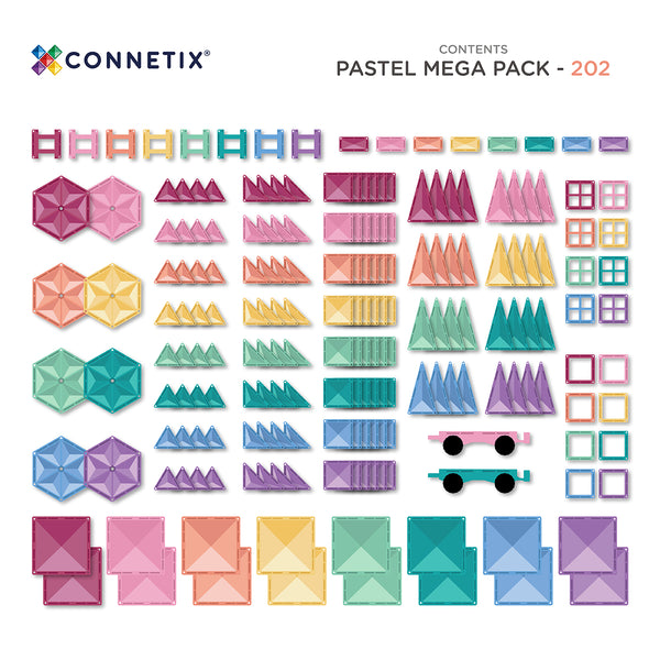 Connetix - 202 piece Pastel Mega Pack contents on a white background