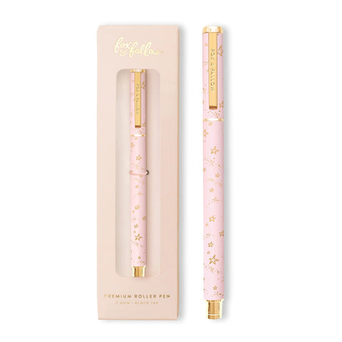Pink roller pen with gold accents in a matching packaging box on a white background