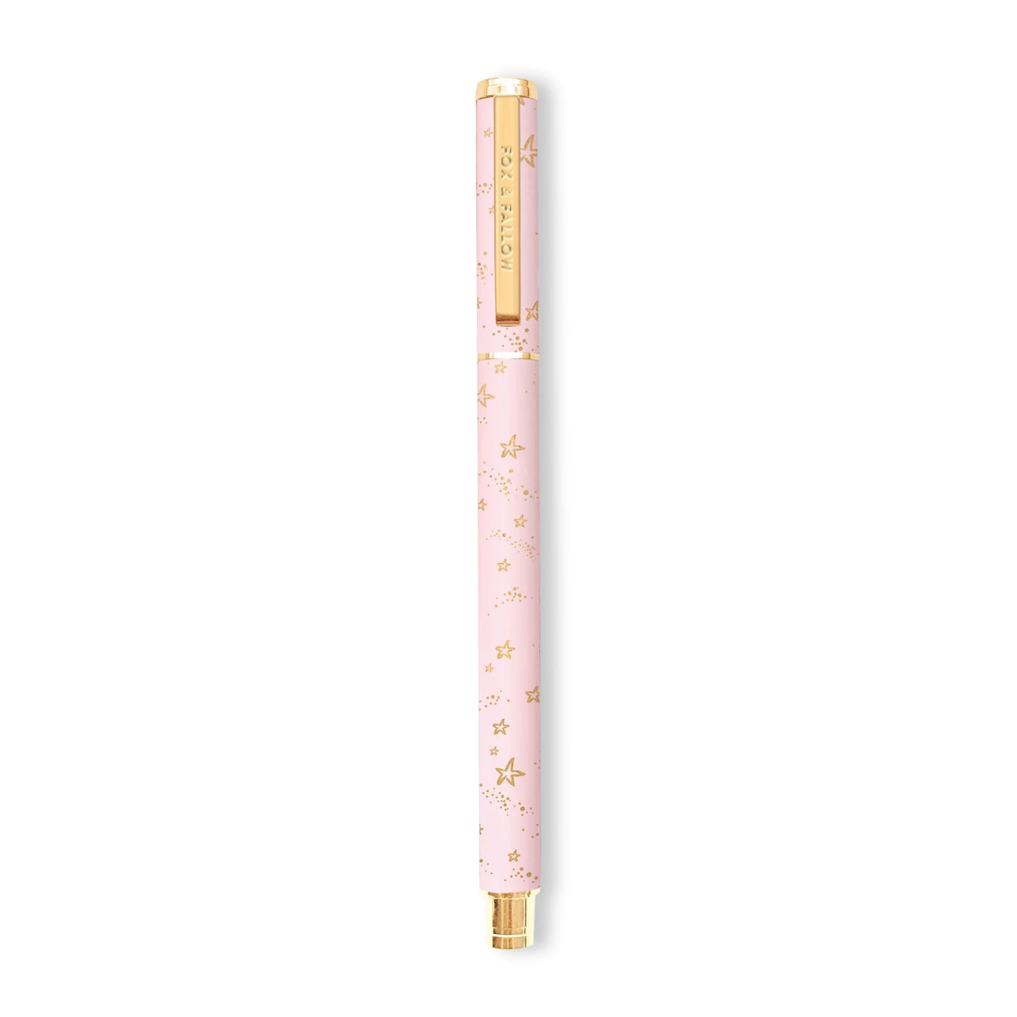 Pink pen with gold accents on a white background