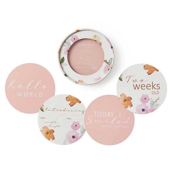 Set of baby milestone stickers with floral designs and text on a white background
