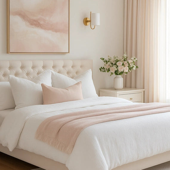 Neatly made bed with white bedding and pink throw blanket in a bedroom setting.