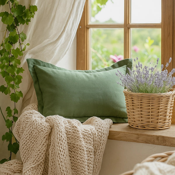 Pure French Linen Lumbar Cushion Cover with Flange - Deep Sage