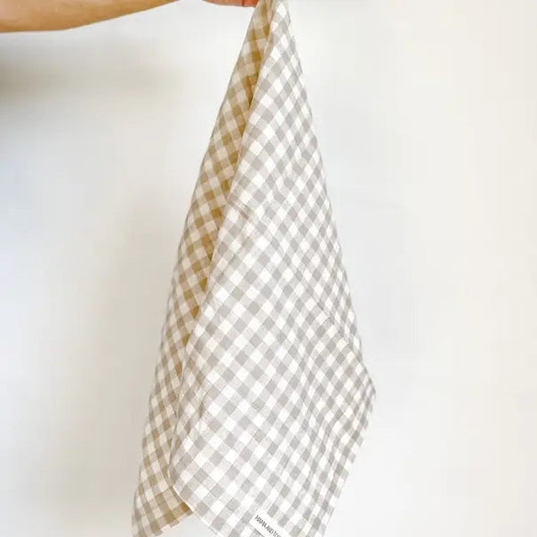 Checkered fabric held by a person against a white background