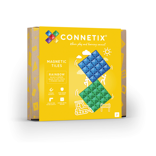 Connetix magnetic tiles packaging with colorful tiles on a yellow background. Rainbow Blue & Green Base Plate 2 pc