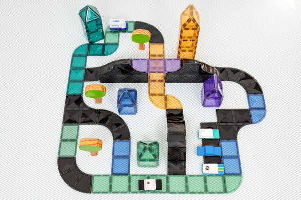 Colorful toy building block set on a white background