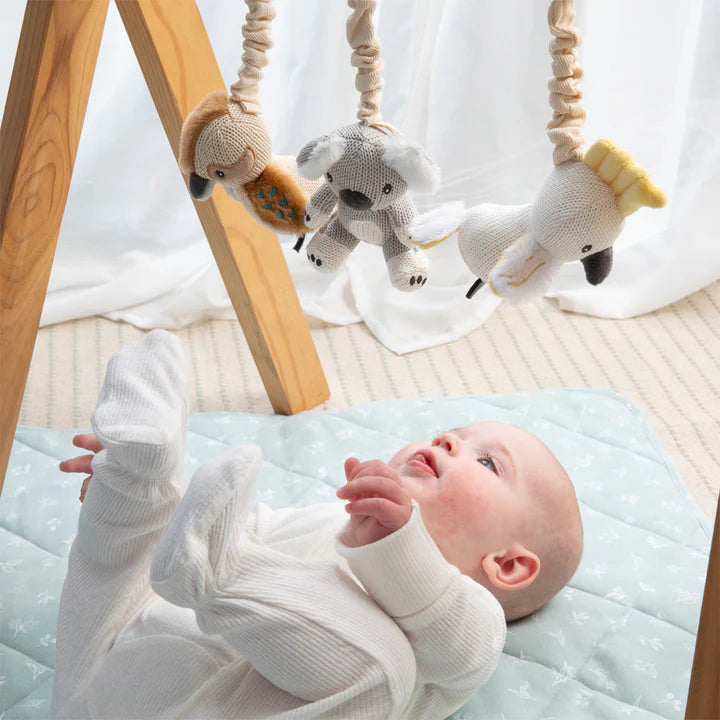 Baby lying on a crib mattress with a wooden crib and hanging plush toys in the background.