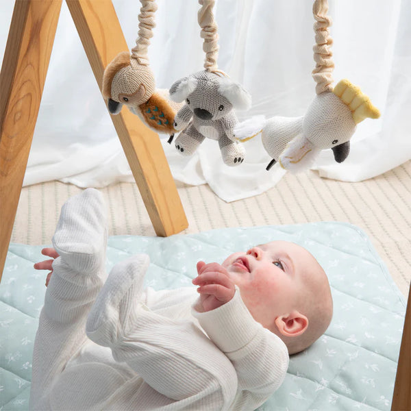 Baby lying on a crib mattress with a wooden crib and hanging plush toys in the background.