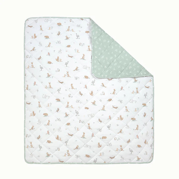 Baby blanket with animal pattern on one side and solid color on the other, on a white background
