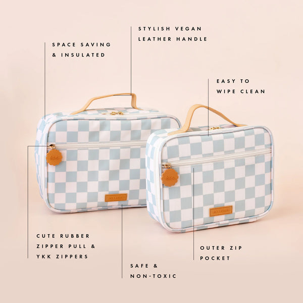 Two checkered lunch bags with features listed on a beige background
