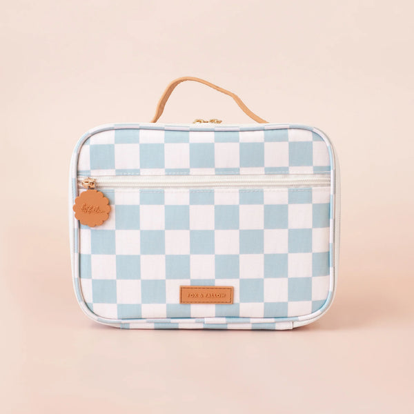 Checkered lunch bag with a handle on a beige background