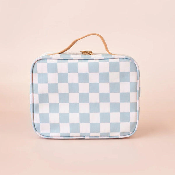 Checkered lunch bag with a handle on a beige background