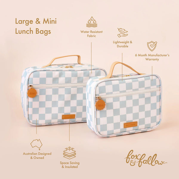 Two checkered lunch bags with features listed on a beige background, including water resistance, durability, and insulation.