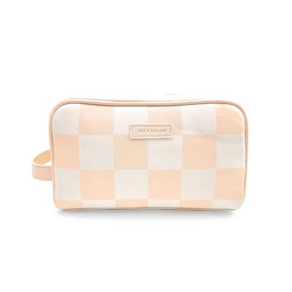 Checkered pouch with a brand label on a white background