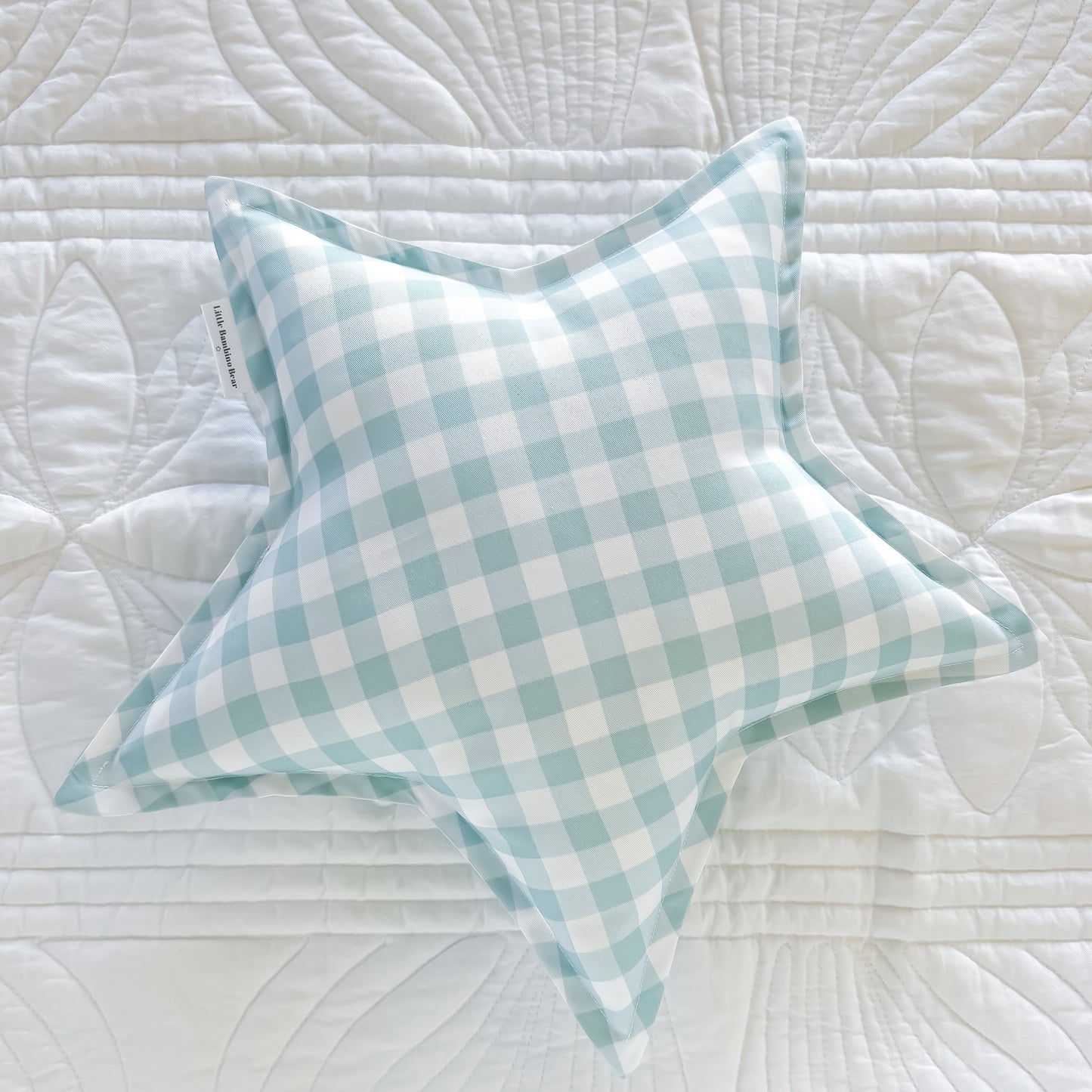 Sea Mist Gingham Star Cushion - Little Bambino Bear