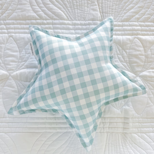 Sea Mist Gingham Star Cushion - Little Bambino Bear