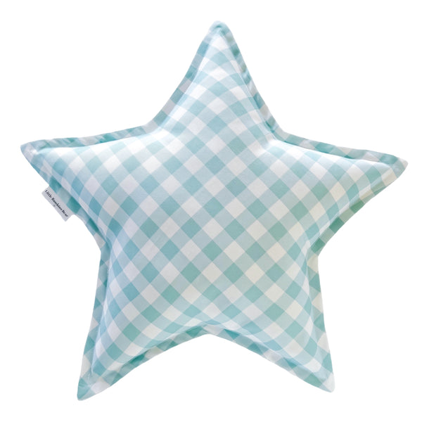 Sea Mist Gingham Star Cushion - Little Bambino Bear