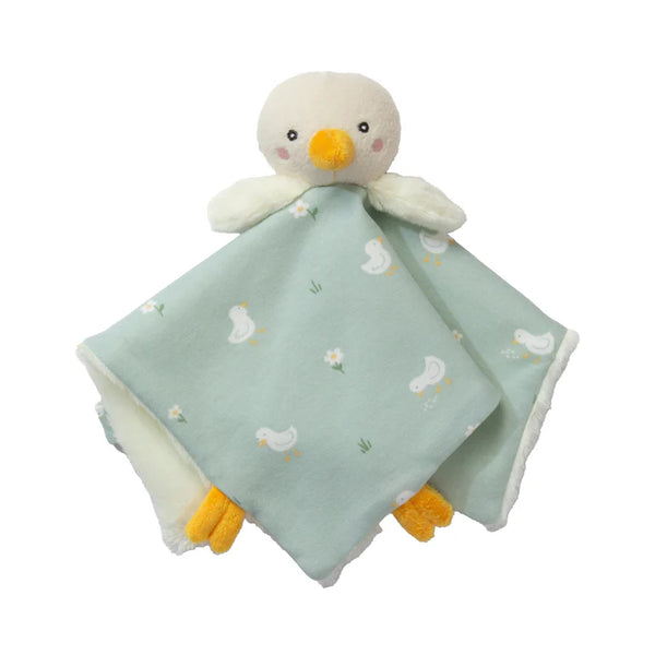 Plush duck toy with a green blanket featuring duck patterns on a white background