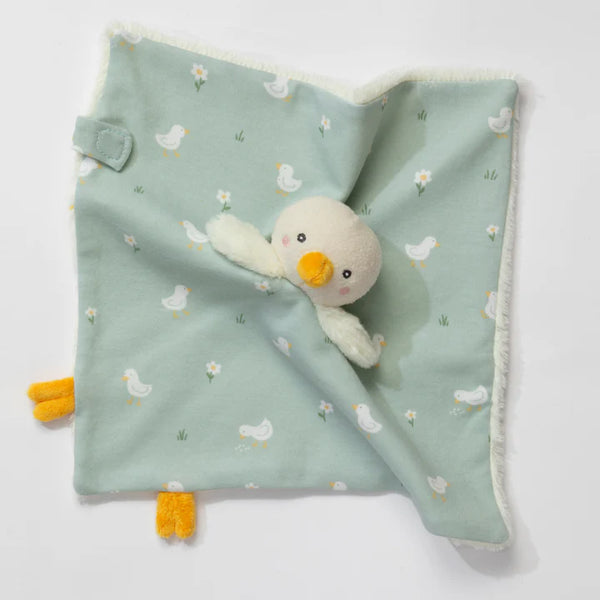 Baby comfort blanket with duck toy and pattern on a light gray background