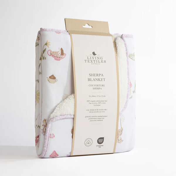 Living Textiles Sherpa blanket with packaging on a white background