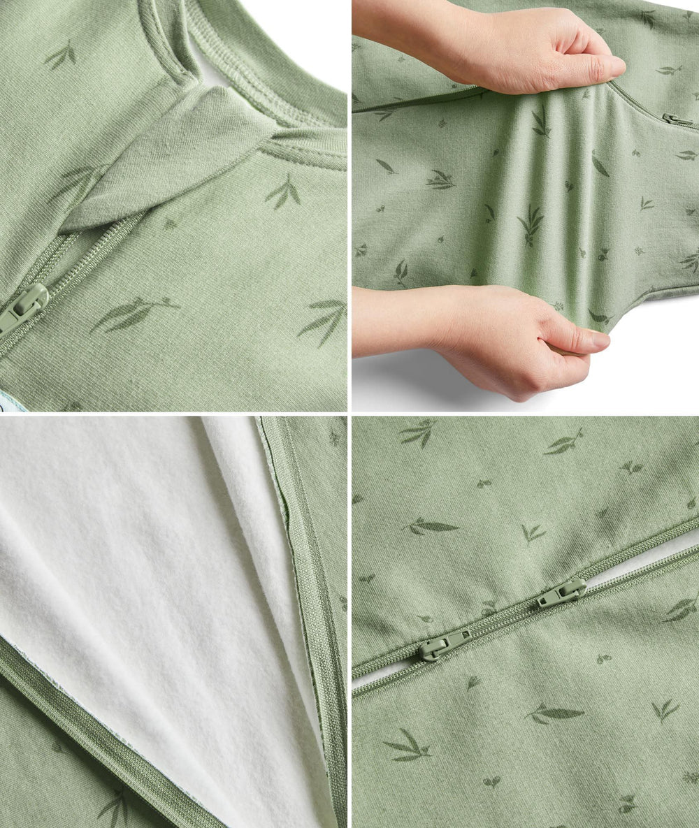 Collage of a green baby romper with subtle pattern, showing details like zipper and fabric texture.