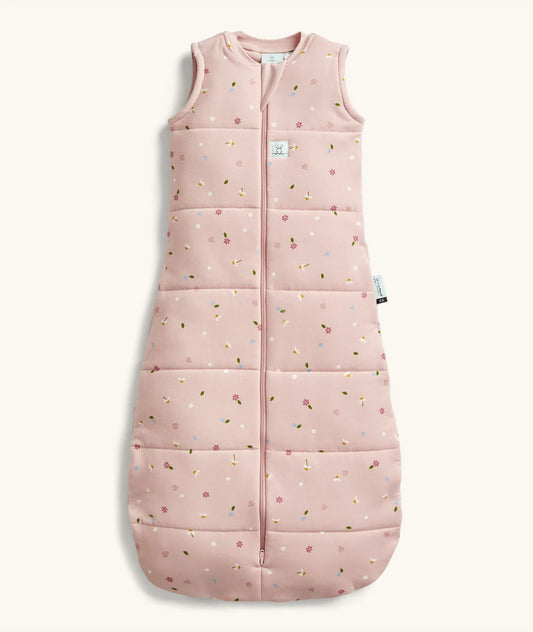 Pink baby sleeping bag with floral pattern on a white background