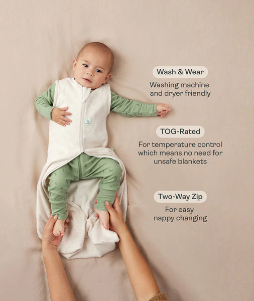 Baby in a green outfit being wrapped in a white blanket with text about its features.