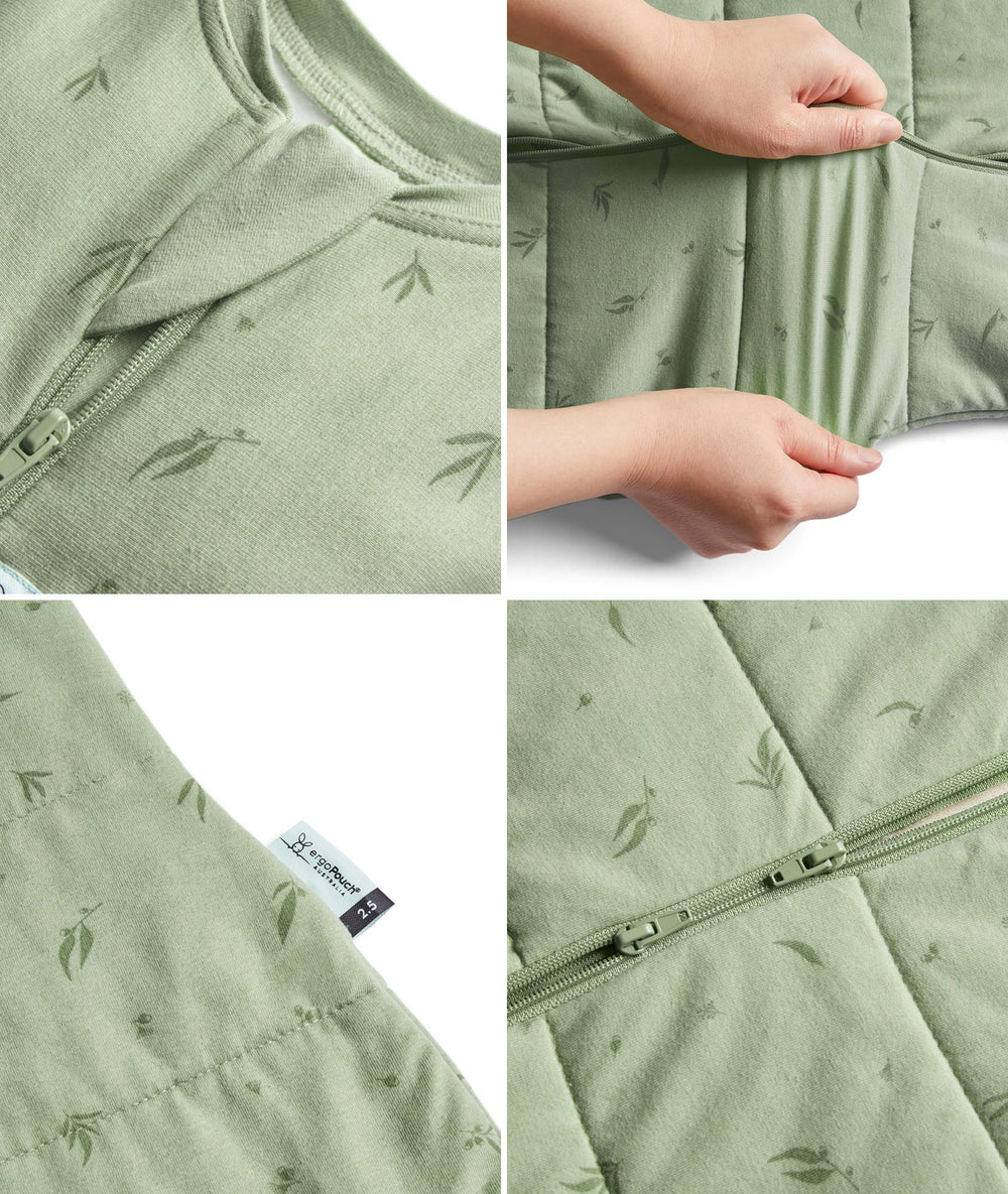 Collage of a green baby carrier with bamboo leaf pattern, showing details like zipper and fabric texture.